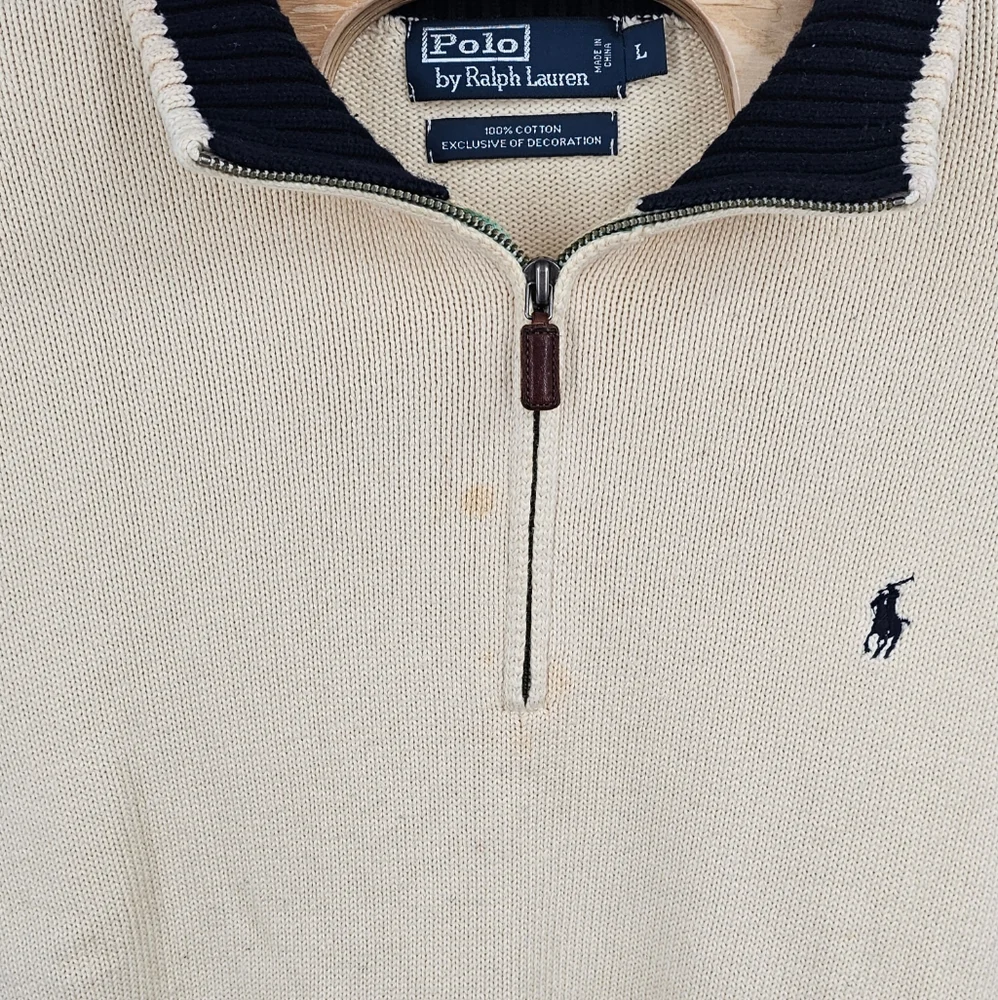 Polo Ralph Lauren Vintage Ribbed 1/4 Zip Sweater Large‎ Heavyweight Knit Flaws